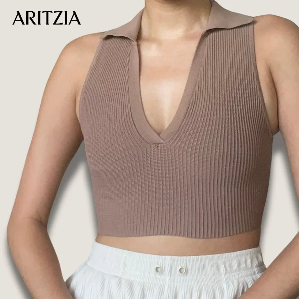 Collared Ribbed Crop Top - Picture 1 of 4